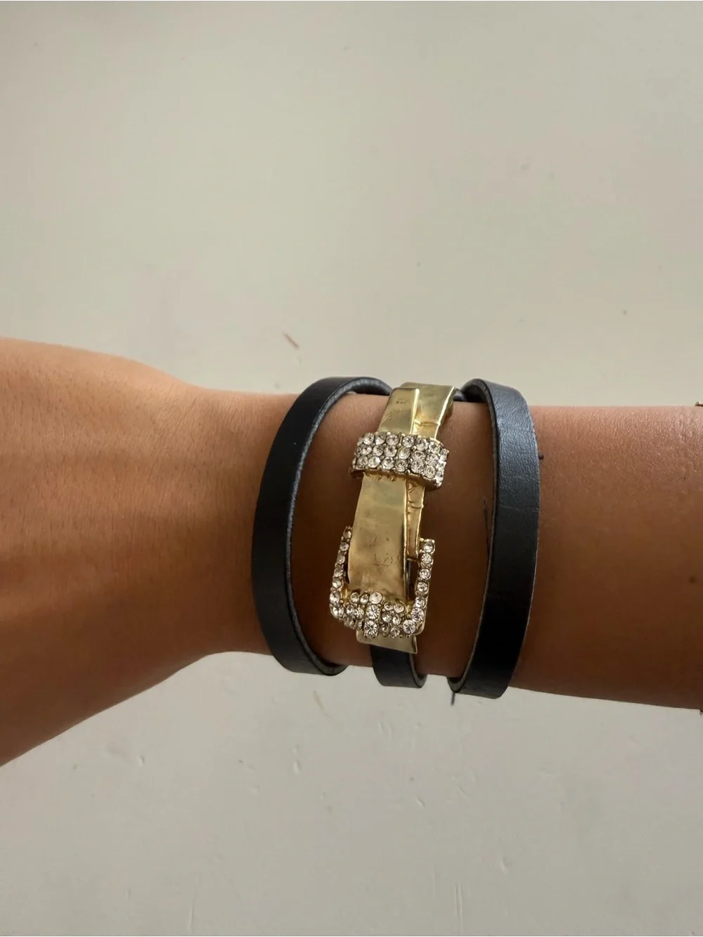 Gold Crystal Buckle Wrap Bracelet with Black Leather Straps